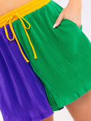 WOMEN'S ELASTIC WAIST SELF TIE PLEATED COLORBLOCK MINI SHORTS