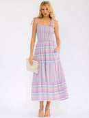 WOMEN'S SLEEVELESS SMOCK FRONT POCKETS COLORBLOCK STRIPES MAXI DRESS