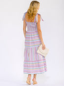 WOMEN'S SLEEVELESS SMOCK FRONT POCKETS COLORBLOCK STRIPES MAXI DRESS