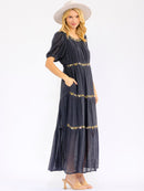 WOMEN'S SHORT SLEEVE V-NECK ELASTIC WAIST FRONT POCKETS FLORAL STITCHED MAXI DRESS