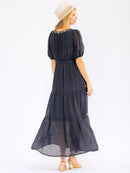 WOMEN'S SHORT SLEEVE V-NECK ELASTIC WAIST FRONT POCKETS FLORAL STITCHED MAXI DRESS
