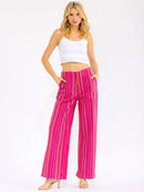WOMEN'S BUTTON CLOSURE FRONT POCKETS WIDE LEG MULTI STRIPES PANTS