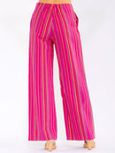 WOMEN'S BUTTON CLOSURE FRONT POCKETS WIDE LEG MULTI STRIPES PANTS