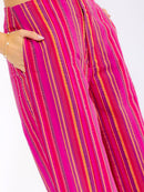 WOMEN'S BUTTON CLOSURE FRONT POCKETS WIDE LEG MULTI STRIPES PANTS