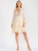 WOMEN'S LONG BELL SLEEVE V-NECK SEQUINS CROCHET TIERED MINI DRESS