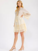 WOMEN'S LONG BELL SLEEVE V-NECK SEQUINS CROCHET TIERED MINI DRESS