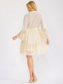 WOMEN'S LONG BELL SLEEVE V-NECK SEQUINS CROCHET TIERED MINI DRESS