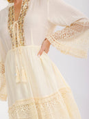 WOMEN'S LONG BELL SLEEVE V-NECK SEQUINS CROCHET TIERED MINI DRESS