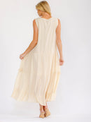 WOMEN'S SLEEVELESS V-NECK TIERED CROCHET SHIMMER MAXI DRESS