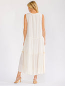 WOMEN'S SLEEVELESS V-NECK TIERED CROCHET SHIMMER MAXI DRESS