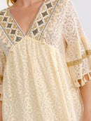 WOMEN'S SHORT SLEEVE V-NECK SHIMMER LACE CROCHET MINI DRESS