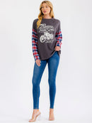 WOMEN'S LONG PLAID SLEEVE GRAPHIC DISTRESS TOP