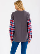 WOMEN'S LONG PLAID SLEEVE GRAPHIC DISTRESS TOP