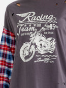 WOMEN'S LONG PLAID SLEEVE GRAPHIC DISTRESS TOP
