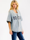 WOMEN'S SHORT SLEEVE BUTTON UP GRAPHIC WASHED DENIM TOP