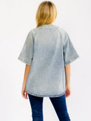 WOMEN'S SHORT SLEEVE BUTTON UP GRAPHIC WASHED DENIM TOP
