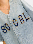 WOMEN'S SHORT SLEEVE BUTTON UP GRAPHIC WASHED DENIM TOP