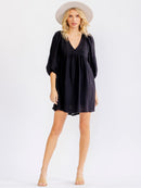 WOMEN'S 3/4 SLEEVE V-NECK LOOSE FIT MINI DRESS