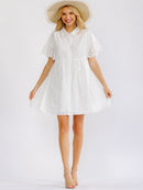 WOMEN'S SHORT SLEEVE BUTTON UP EYELET LOOSE FIT MINI DRESS