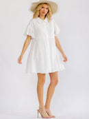 WOMEN'S SHORT SLEEVE BUTTON UP EYELET LOOSE FIT MINI DRESS