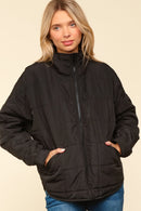 BLACK HIGH NECK ZIPPER UP PUFFER JACKET WITH POCKET