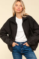 BLACK HIGH NECK ZIPPER UP PUFFER JACKET WITH POCKET