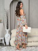 WOMEN'S COLD SHOULDER HALTER NECK FLORAL MAXI DRESS