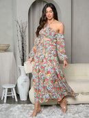 WOMEN'S COLD SHOULDER HALTER NECK FLORAL MAXI DRESS