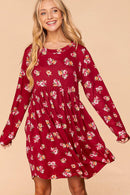 WINE FLORAL LONG SLEEVE BABYDOLL SWING DRESS