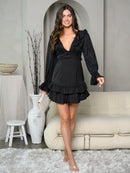 WOMEN'S LONG SLEEVE V-NECK RUFFLE BACK DETAILED MINI DRESS