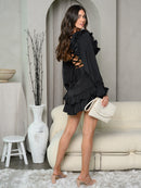 WOMEN'S LONG SLEEVE V-NECK RUFFLE BACK DETAILED MINI DRESS