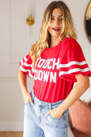 Stand Out Red "TOUCHDOWN" Sequin Bubble Sleeve Game Day Top (Open Pack)