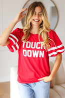 Stand Out Red "TOUCHDOWN" Sequin Bubble Sleeve Game Day Top (Open Pack)