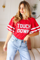 Stand Out Red "TOUCHDOWN" Sequin Bubble Sleeve Game Day Top (Open Pack)