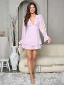 WOMEN'S LONG SLEEVE V-NECK RUFFLE BACK DETAILED MINI DRESS