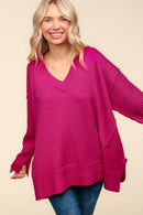 Magenta V Neck Long Sleeve Solid Rib Loose Fit Sweater