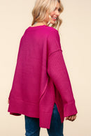 Magenta V Neck Long Sleeve Solid Rib Loose Fit Sweater