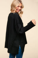 Black V Neck Long Sleeve Solid Rib Loose Fit Sweater