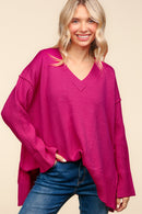 Magenta V Neck Long Sleeve Solid Rib Loose Fit Sweater
