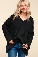 Black V Neck Long Sleeve Solid Rib Loose Fit Sweater