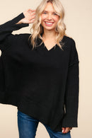 Black V Neck Long Sleeve Solid Rib Loose Fit Sweater