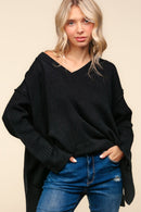 Black V Neck Long Sleeve Solid Rib Loose Fit Sweater