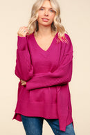 Magenta V Neck Long Sleeve Solid Rib Loose Fit Sweater