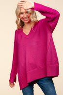 Magenta V Neck Long Sleeve Solid Rib Loose Fit Sweater