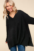 Black V Neck Long Sleeve Solid Rib Loose Fit Sweater