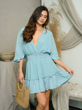 WOMEN'S SHORT SLEEVE V-NECK SMOCK WAIST MINI DRESS
