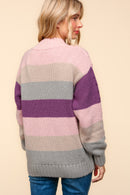 Mauve Mock Neck Multi Color Stripe Cable Pattern Sweater