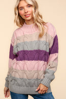 Mauve Mock Neck Multi Color Stripe Cable Pattern Sweater