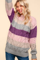 Mauve Mock Neck Multi Color Stripe Cable Pattern Sweater