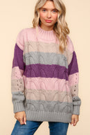 Mauve Mock Neck Multi Color Stripe Cable Pattern Sweater